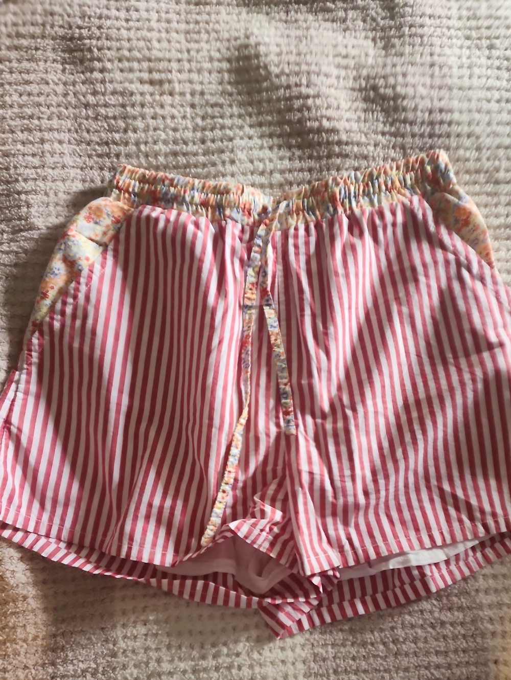 American Eagle Boxer Style Shorts Red Striped with Floral Trim